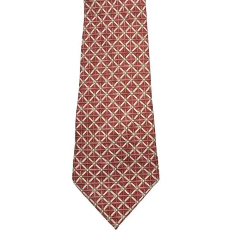 Hermes Men’s 100% Silk Tie France Red Geometric Pattern Career Dad Designer